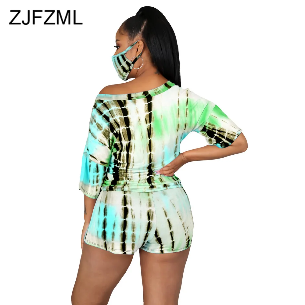 

Casual Tie Dye Print Tracksuits Drop Sleeves V Neck T Shirt Loose Top and Skinny Biker Shorts Drawstring 2pcs Sweatsuits No Mask