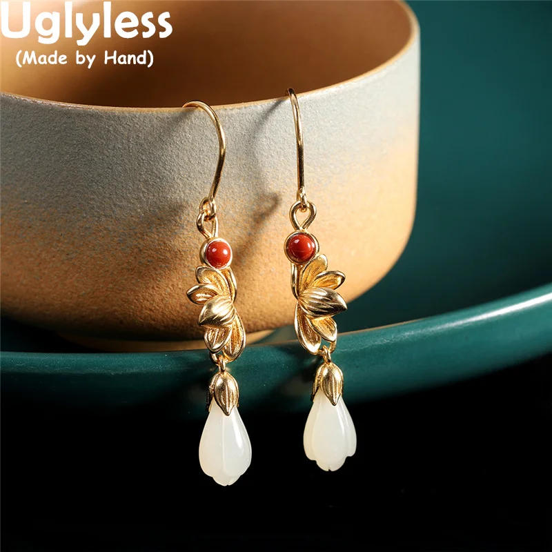 

Uglyless Elegant Magnolia Floral Earrings for Women Nature Jade Agate Brincos Thai Silver 925 Silver Lotus Earrings Enamel Jewel