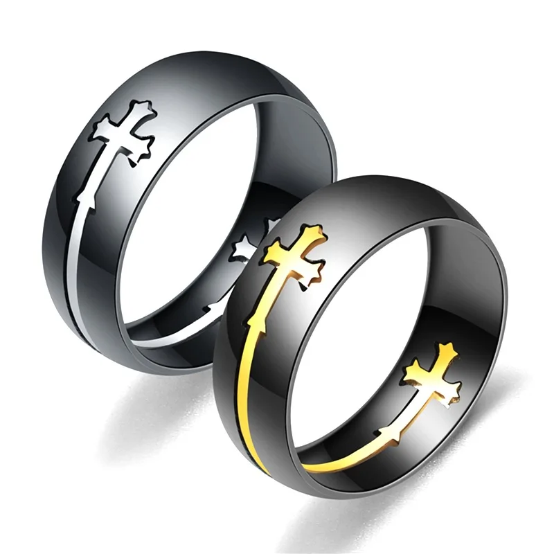 

Stainless Steel Cool Ring 8mm Gold Silver Color Cross Ring For Women Men Black Male Casual Jewelry Wedding Band Separable Ring