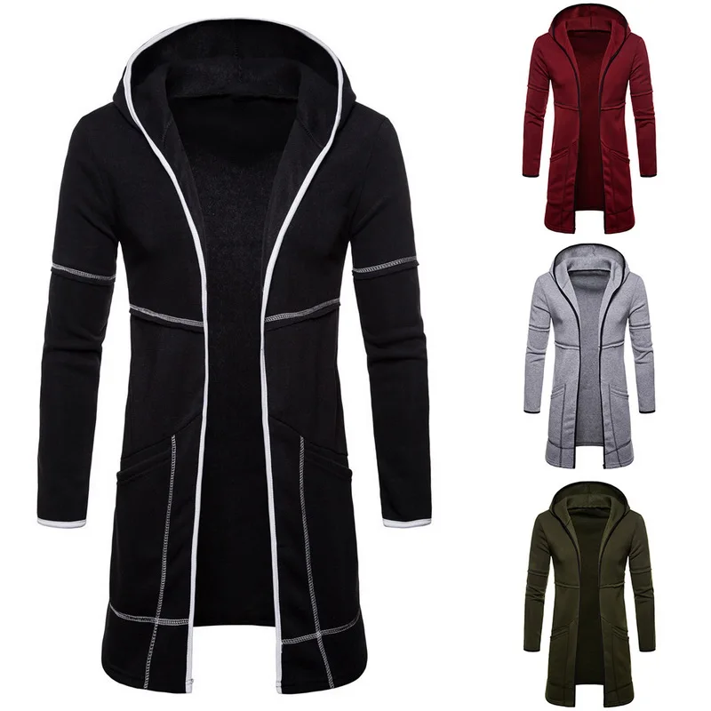Мужское теплое пальто с капюшоном однотонный Тренч до колен длинным рукавом
