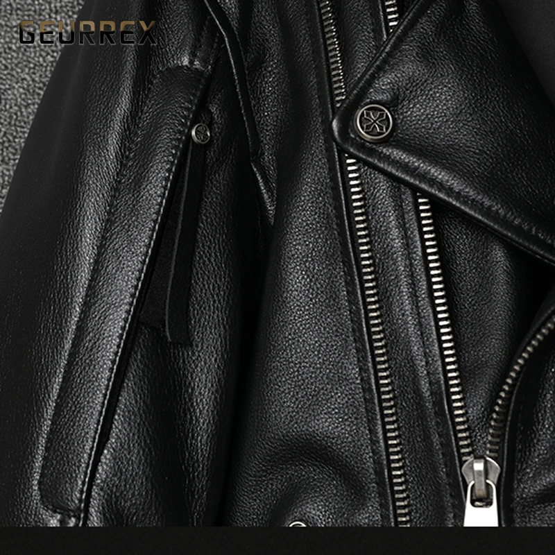 

GEURREX 2021 Black American Motorcycle Style Leather Jacket Men Plus Size 5XL Genuine Cowhide Slim Fit Biker's Natural Coat