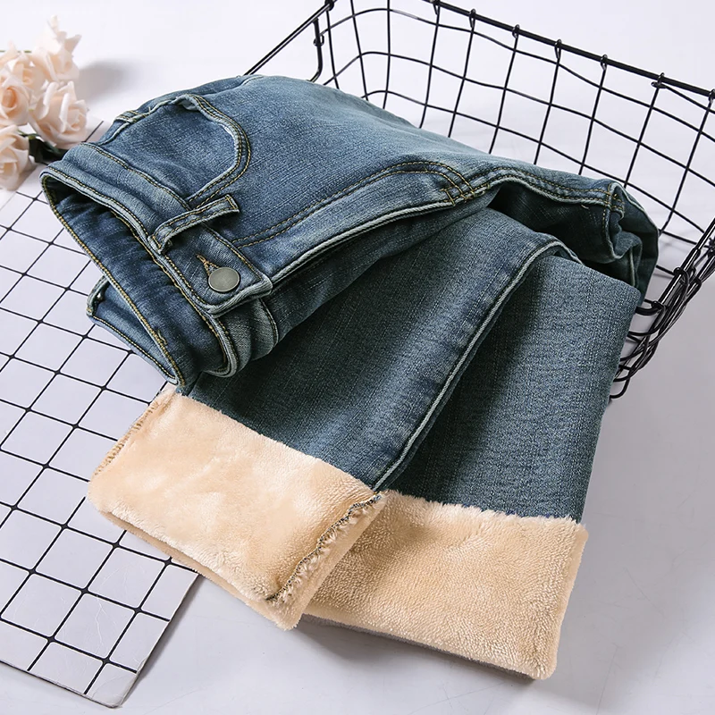 Winter Thick warm High waist Women Plus Velvet Straight Jeans gray blue mom Stretch Slim fit Casual Denim Pants trousers | Женская
