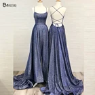 Блестящие темно-синие платья на выпускной Promworld с перекрестной спинкой и карманами, а-силуэт, сексуальные вечерние платья с разрезом, длинные платья