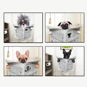Плакат с животными, собака, газета для чтения, Картина на холсте, искусство на стену, смешная собака, туалет, художественный плакат, украшение, настенные картины для ванной комнаты