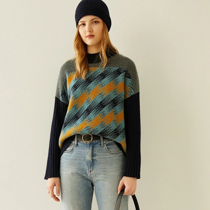 

100% pure cashmere sweater New autumn/winter padded patchwork sweater pullovers loose fashion contrast color base shirt