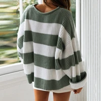 2021 autumn and winter new sweater women curled round neck striped color matching shirt womens womens stitch