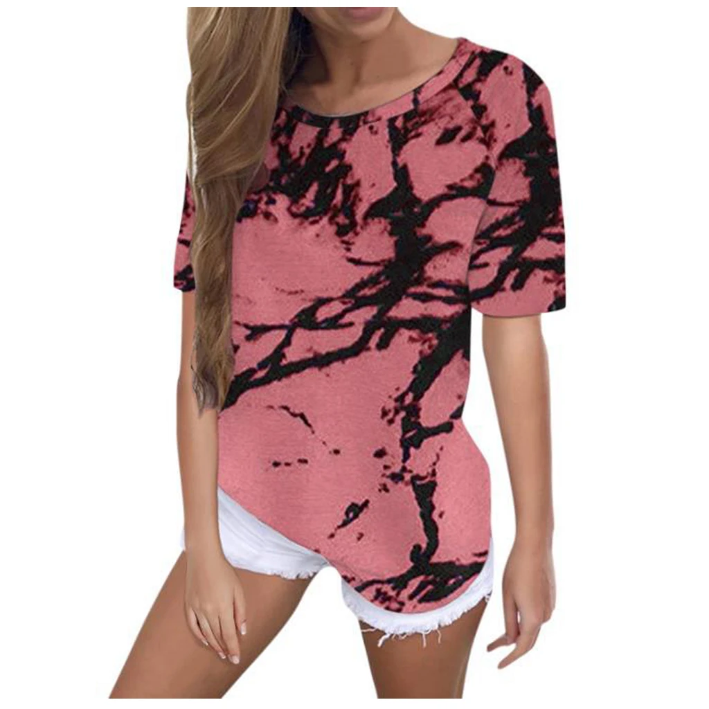 

Womens Print Tshirts Short Sleeve Tops Summer Tie-Dye Printing Round Neck T-Shirt Loose Casual Top Clothes Streetwear 2021 New