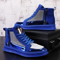 high top shoes mens european and american rhinestone bright leather mens hair stylist personality tide short cowboy boot