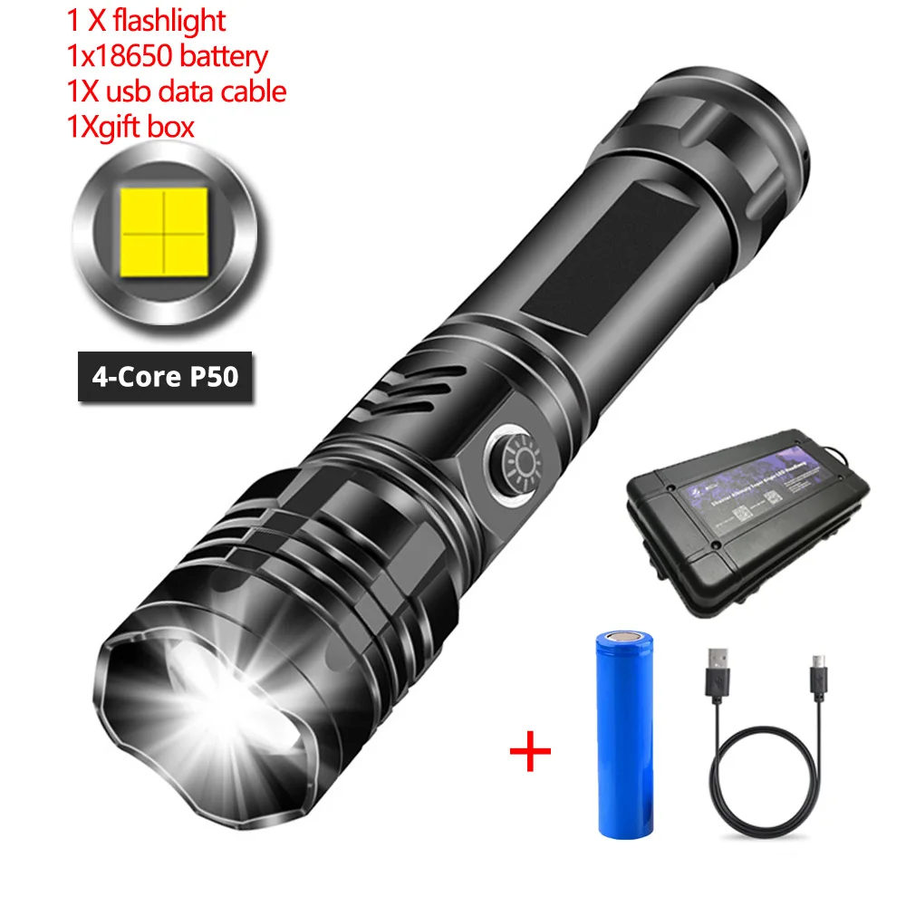 

Powerful LED Flashlight with 4 Core P50 USB RechargeableTorch Anti-fall Aluminum Alloy Material 5 Light Modes Telescopic Zoom