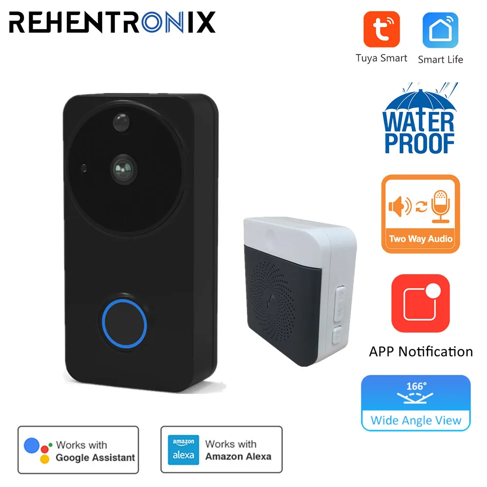 Tuya Smart Home Wireless WiFi Video Doorbell with 1080P HD Camera Doorbell Battery Powered Real-Time Talk Support Alexa Google