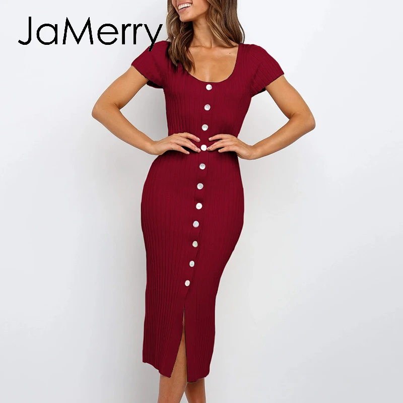 JaMerry трикотажное тонкое платье женское сексуальное однотонное обтягивающее на