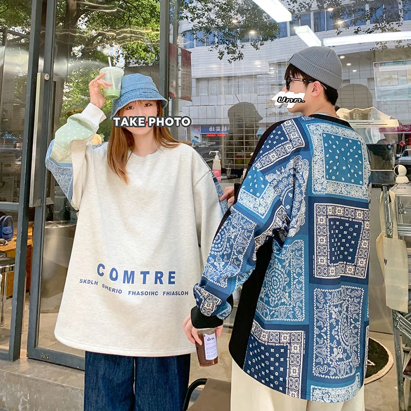 

Oversize Sweatshirts Loose Sports Pullover Stitching Printed Cashew Flower Loose Top Streetwear O-neck Long Sleeve Men's Clothes