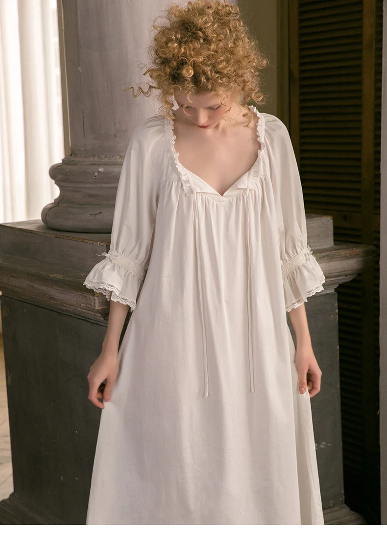 

Cotton Nightgown Women Sweet Lovely Sleepwear White Nightgown Spring Autumn Leisure Vintage Fashion Cotton Sleepwear