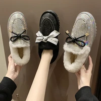 fashion snow boots winter the new butterfly knot slip on round toe low 1cm 3cm wedges plush bling keep warm high quality flock
