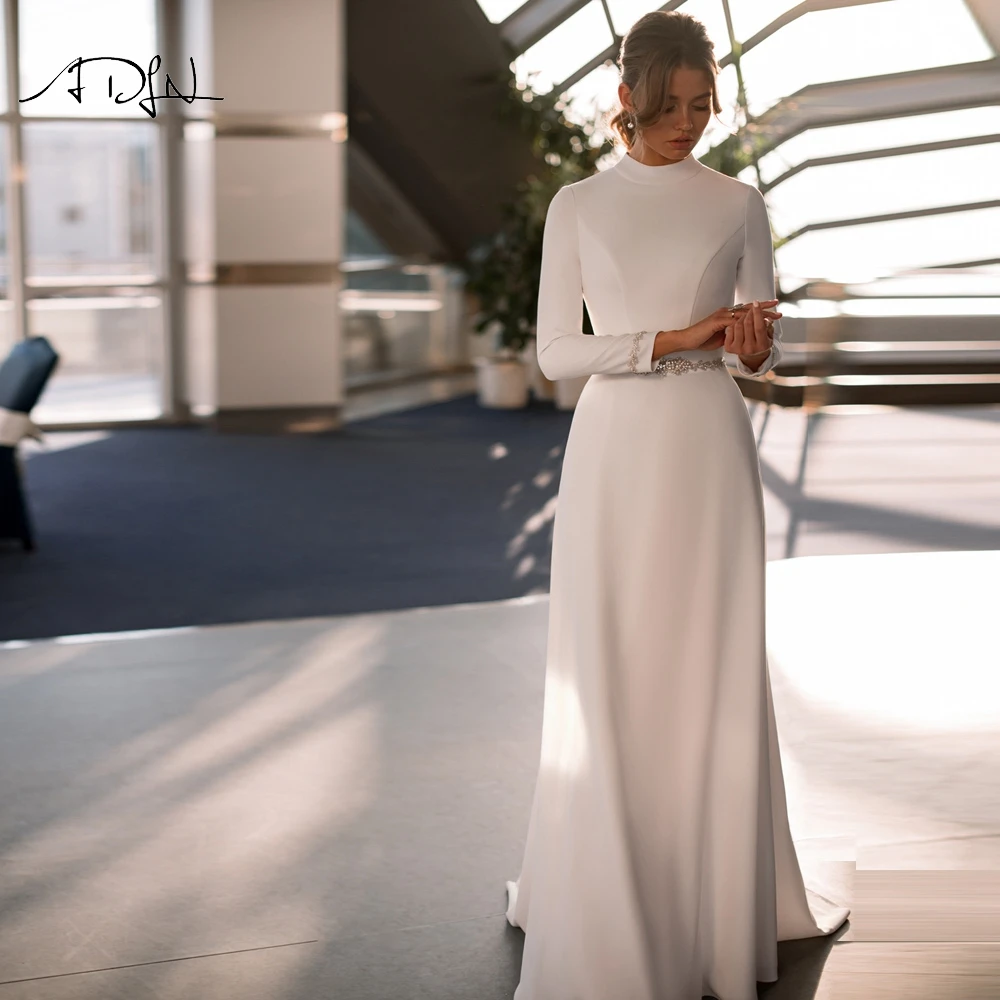 

ADLN High Collar Arabic Long Sleeves Wedding Dresses Robe de Mariee Saudi Arabia Muslim Beaded A-line Bridal Gown