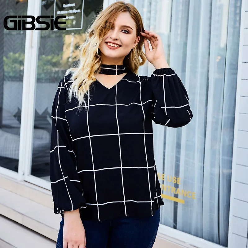 Женская блузка-чокер GIBSIE элегантная офисная блузка в клетку с длинным рукавом и