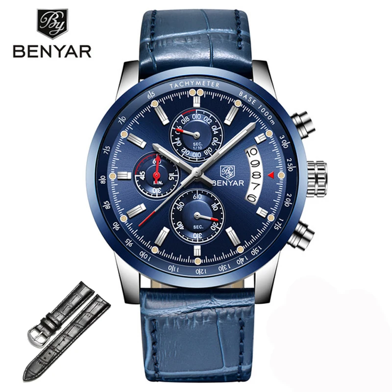 Blue No Box BENYAR, мужские часы, кожа/синие часы, мужские Кварцевые спортивные часы, мужские повседневные Модные мужские водонепроницаемые наручные часы, Relogio Masculino - Цвет: Blue No Box