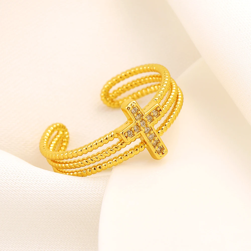 

2021 Fashion Resizable Cross Rings For Women Gold Color Elegant Finger Ring Ethiopian Dubai Africa Wedding Gift Jewelry