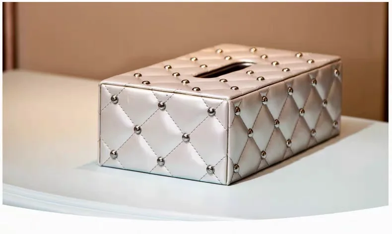 

Golden beads decoration napkin paper box rectangle dining table tissue storage box PU leather