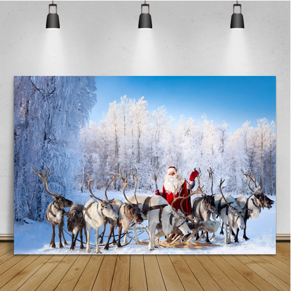 

Laeacco Зимний Рождественский Снежный пейзаж фон лес Санта олень сани Декор для комнаты фотографический фон для фотостудии