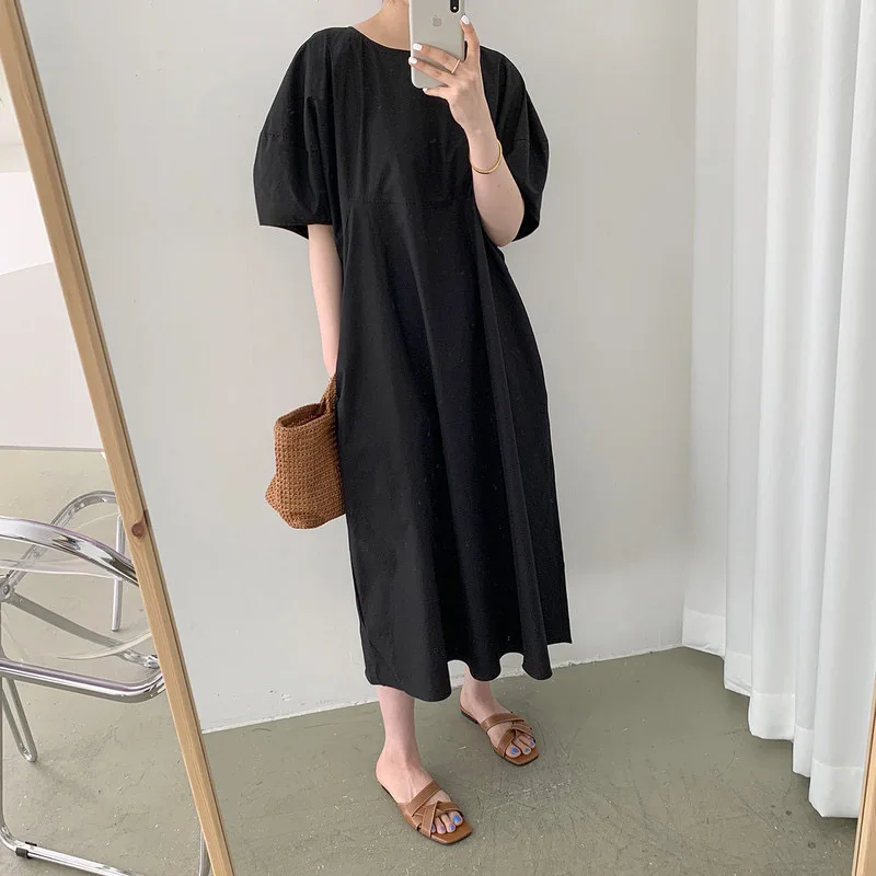 

Summer New Style Korean Solid Color Casual Vestidos Chic Round Neck Loose Puff Short Sleeved Fashion Md-Calf Dress Women