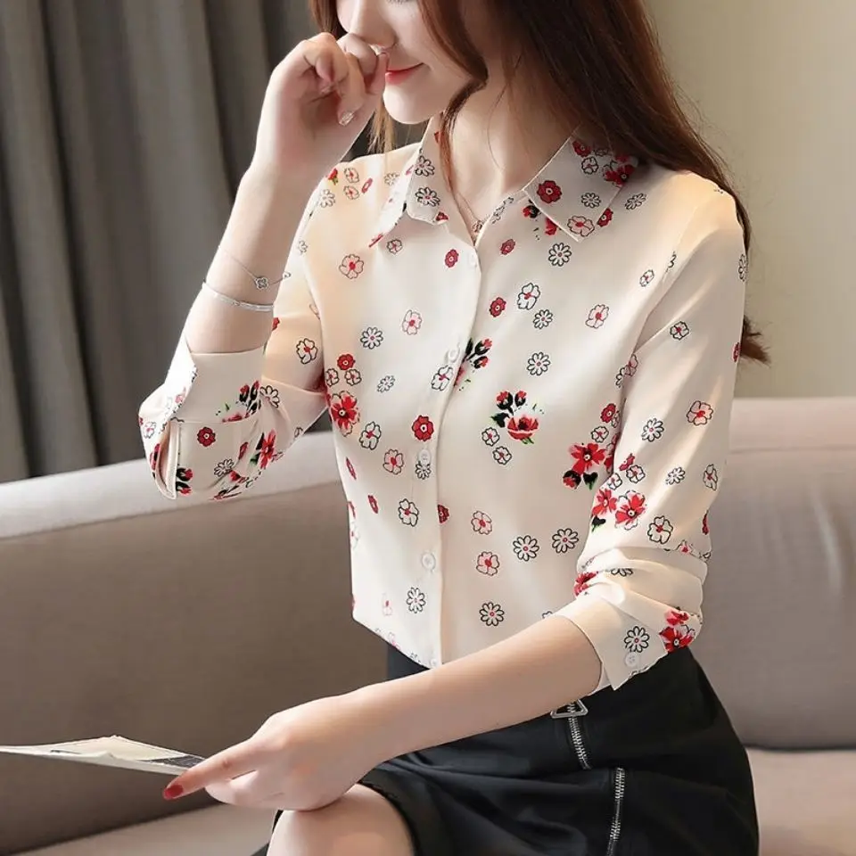 

Women's Long Sleeve Ladies Office Shirts New Top Korean Fashion Turn Down Collar Printed Chiffon Blouses Tops Blusas