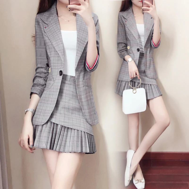 

Korean Style Elegant Slim Grid Skirt Ladies 2 Piece Set Women Suits Office Sets Skirt Ropa De Mujer Skirt And Jacket Set EH50SK