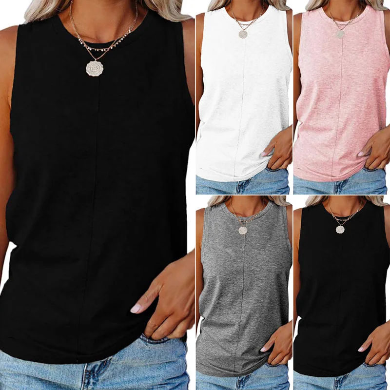 

Летний однотонный жилет, женские свободные майки без рукавов, Женская свободная Спортивная футболка с круглым вырезом