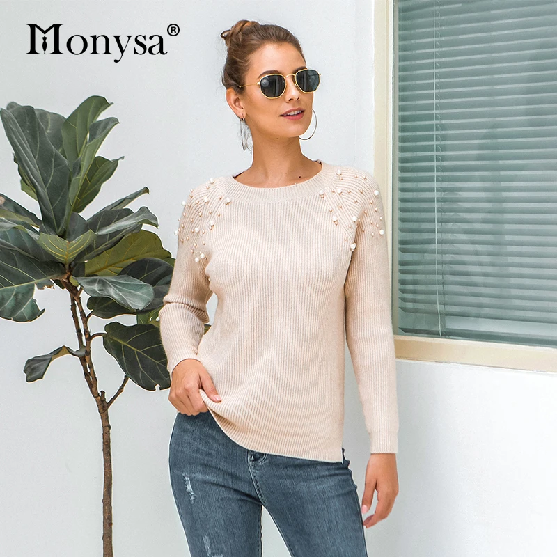 Пуловер свитер с бисером Осень-зима 2019 вязаные свитера длинным рукавом Женский