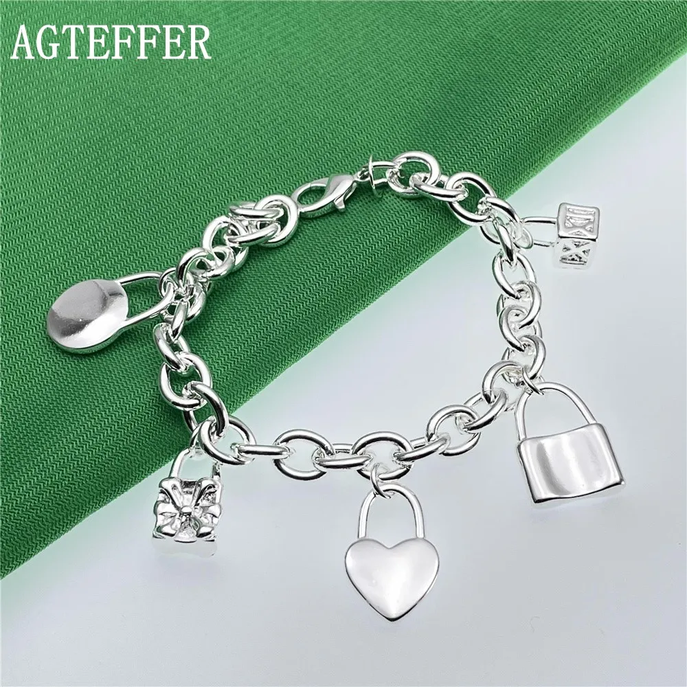 

AGTEFFER New 925 Sterling Silver Bracelet Heart / Circle / Square Lock Bracelets Bangles Woman Man Fashion Charm Wedding Jewelry