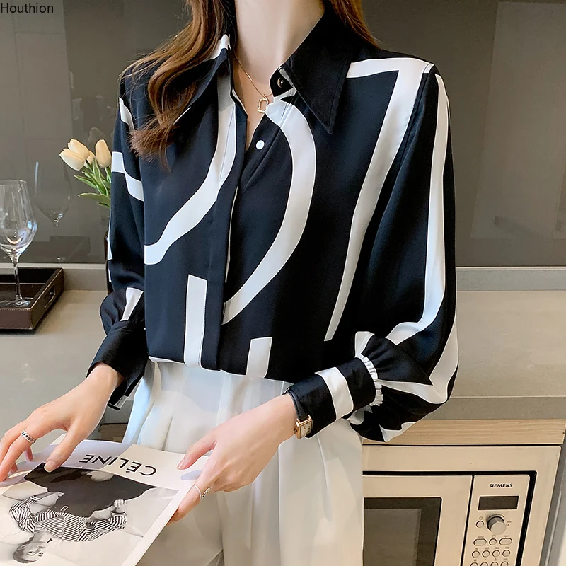 

Summer Autumn New Women's Blouses Polo Shirt Long Sleeve Top Stitching Printing Chiffon Casual Fashion Loose Houthion