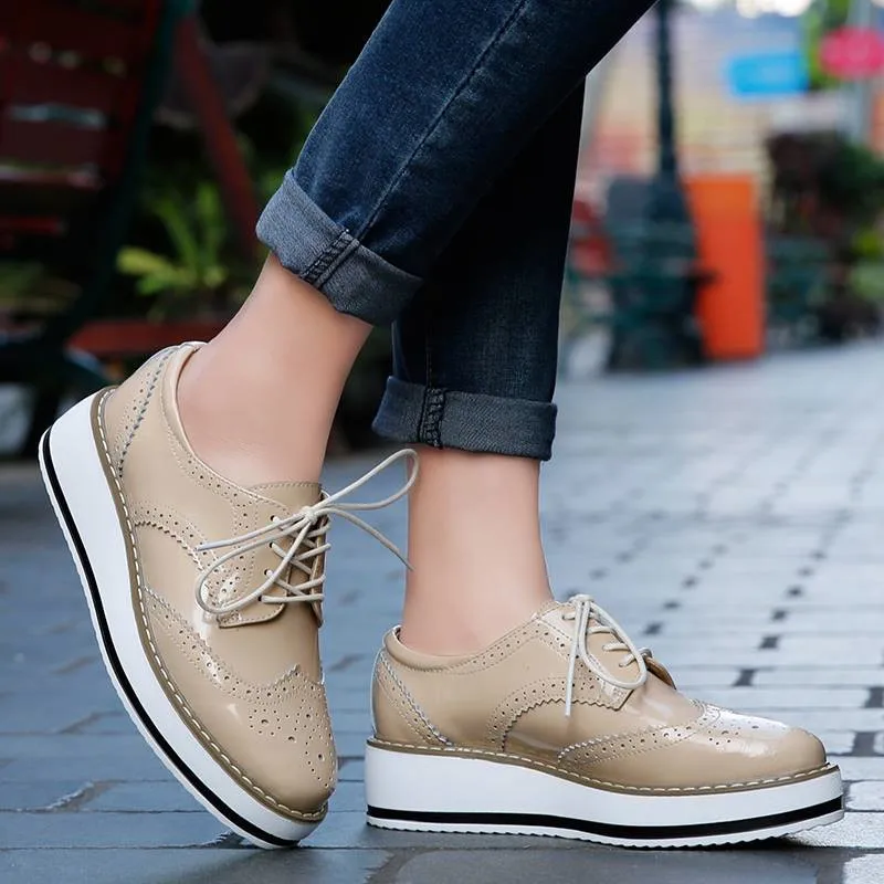 Brogues Platform Shoes Women Oxford Shoes Woman Genuine Leather British Style Thick Bottom Flats White Womens Shoes Comfort New