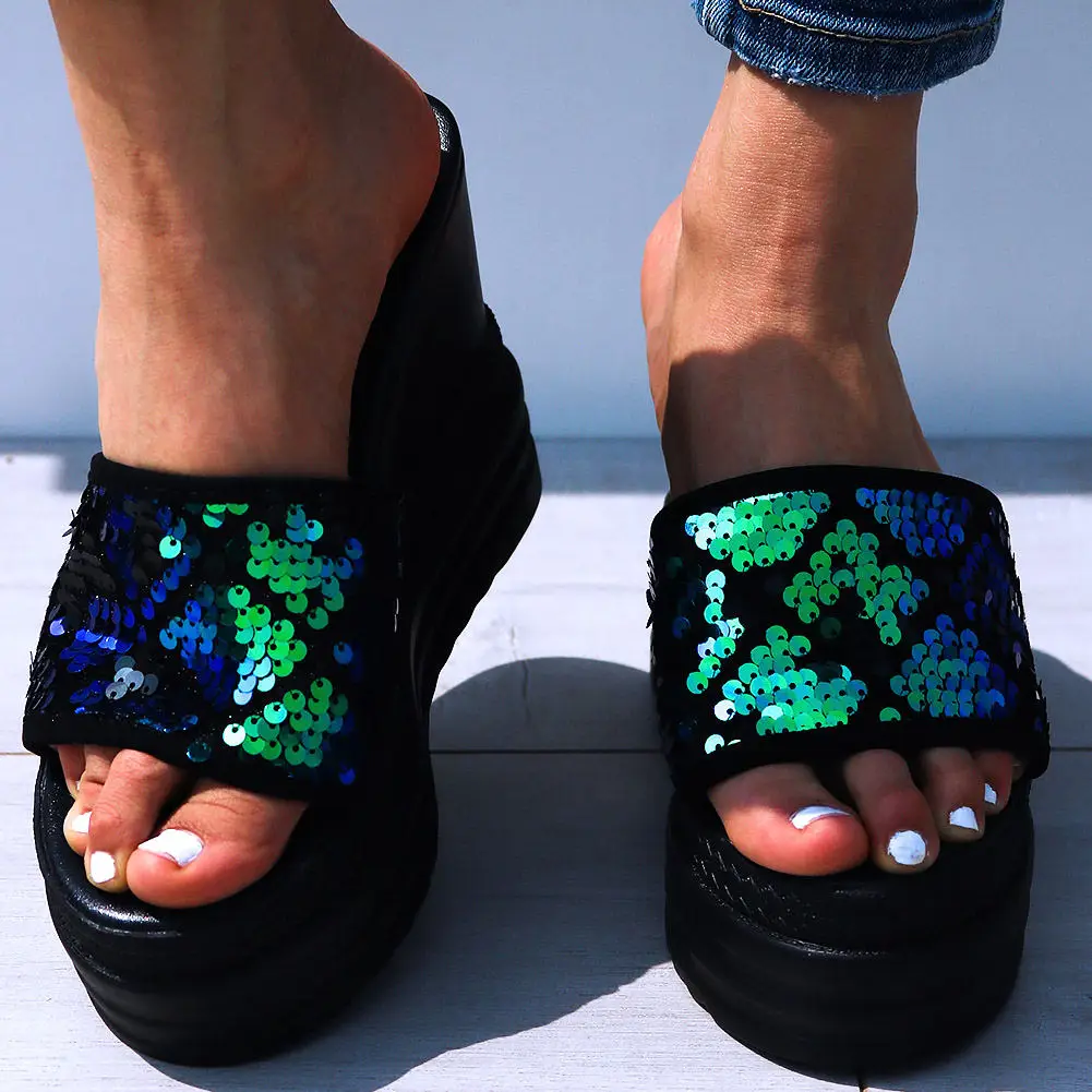 

Sorphio Summer Fashion Female Cool High Wedges Shoes Woman Unique Summer Beach Platform Slippers Women Shining Bling Slides