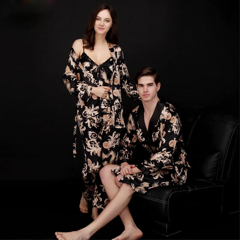 

Silk Ice Couple Pajamas Women's Summer Three Piece Suit Long Sleeve Men's Nightgown Bathrobe Home Clothes