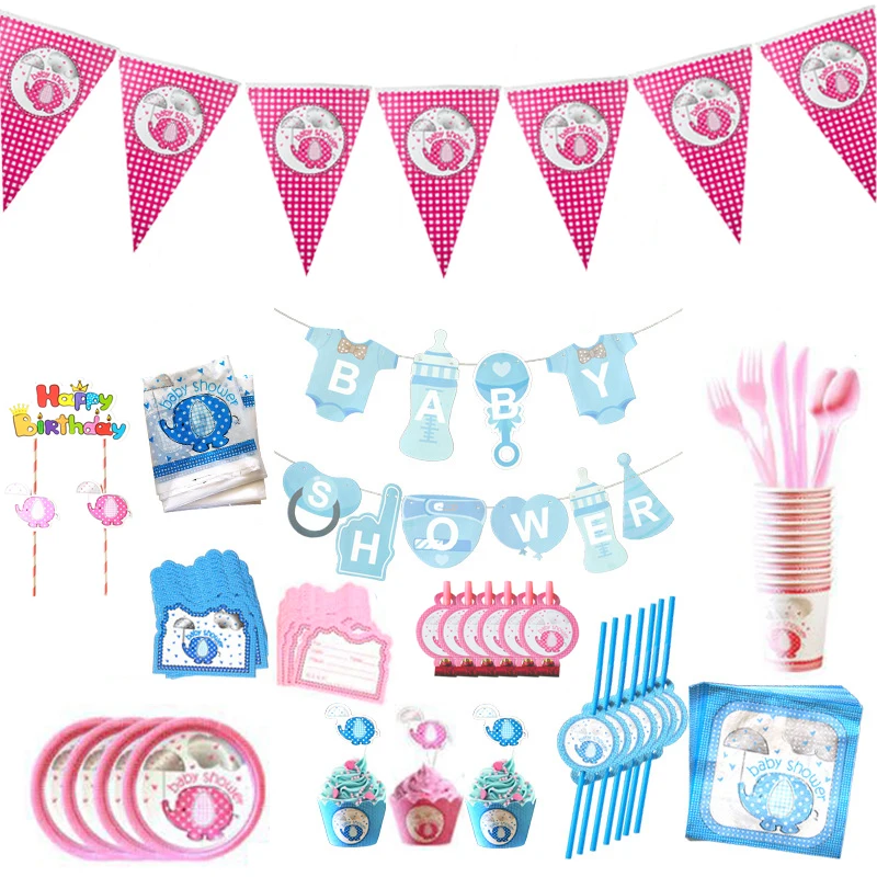 

Elephant Baby Shower Disposable Party Tableware Set Banner Cup Plates Boy Girl Gender Reveal Birthday Party Decorations Supplies
