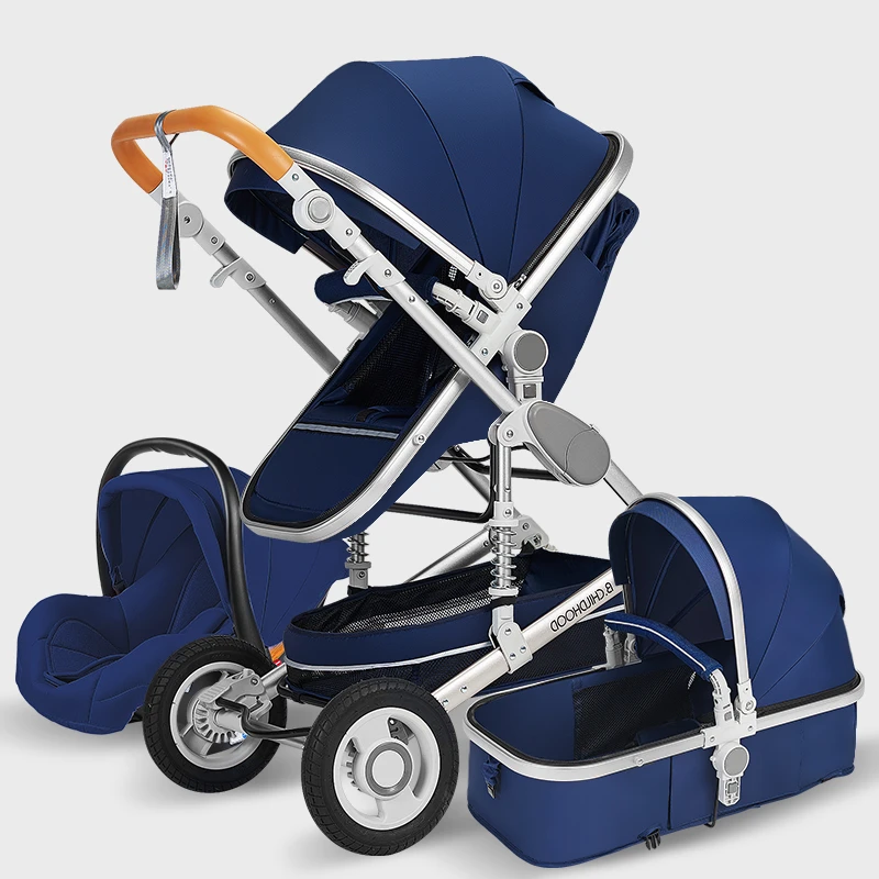 Blue with carseat Детская коляска с высоким пейзажем, 3 в 1, роскошная, популярная, для мамы, коляска для путешествий, двусторонняя, детская коляска на колесиках, розовая коляска с автокреслом - Цвет: Blue with carseat