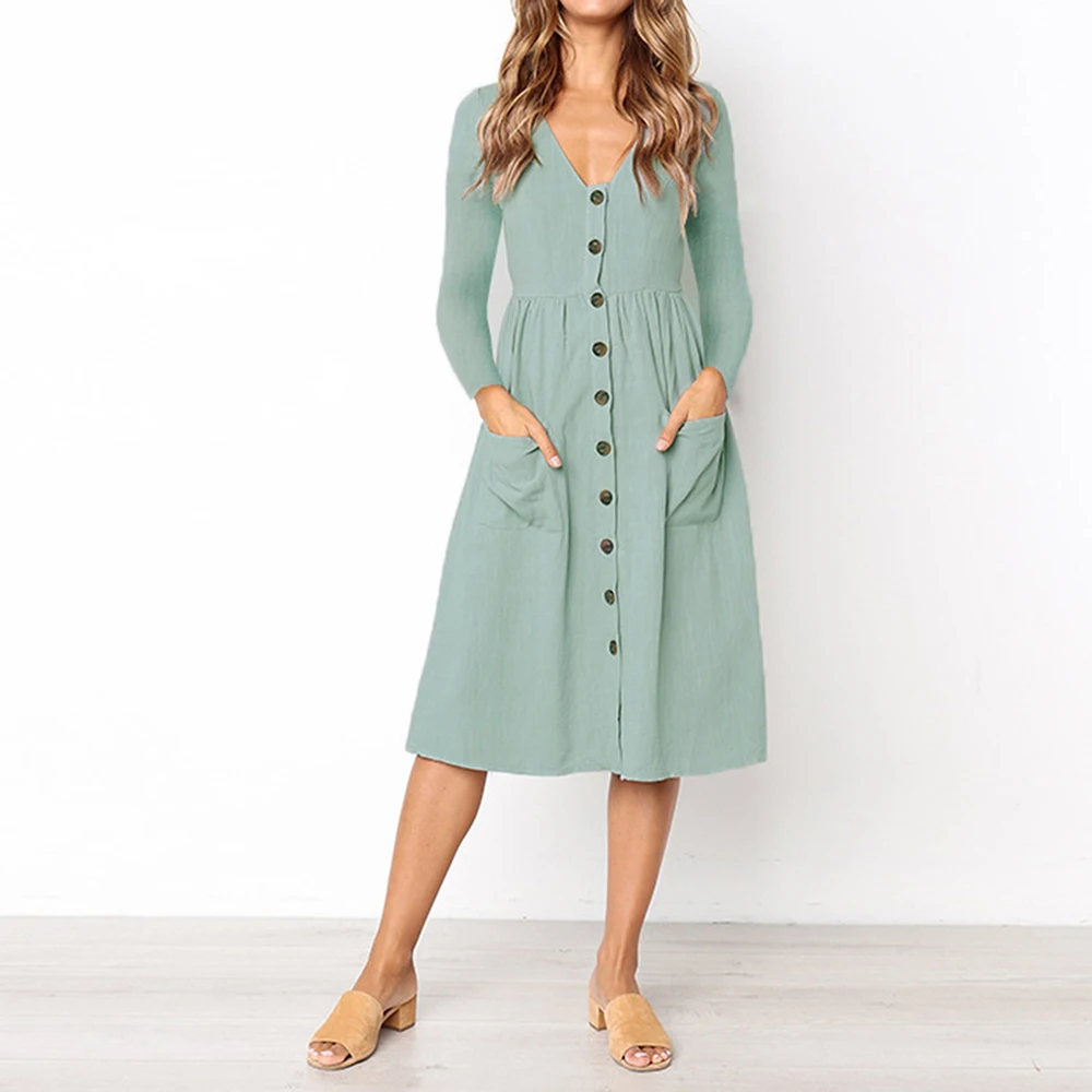 2020 NEW Arrival Autumn/Winter Fashion V-Neck Button Pocket Long-Sleeved Dress Women Casual Wild Dresses | Женская одежда
