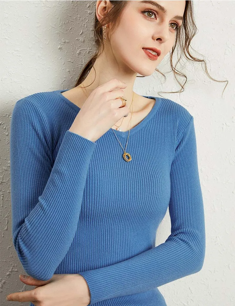 

All-Match Sexy V-neck Sweater Women Knitted Full Sleeve Pullovers Casual Slim Bottoming Shirt Female Elastic Cotton Tops Clothes