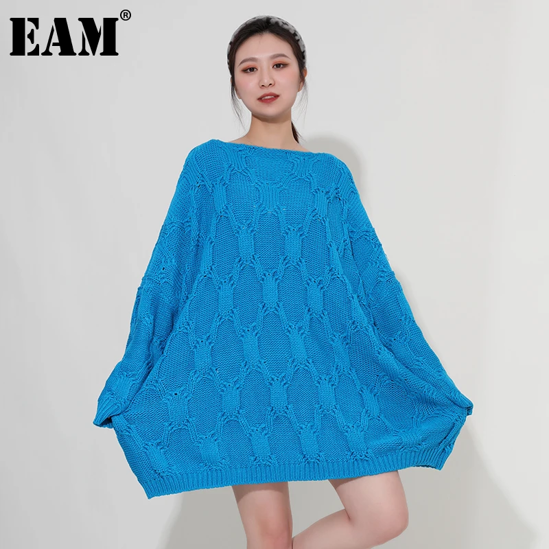 

[EAM] синий большой размер длинный вязаный свитер круглый вырез длинный рукав женские пуловеры новая мода осень зима 2022 1DE316405
