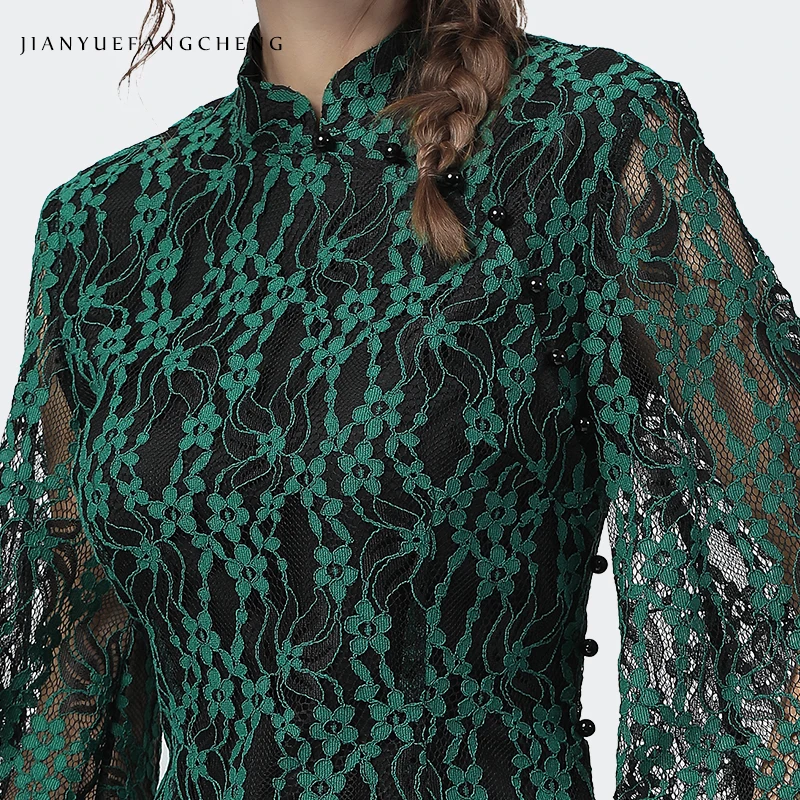 

Elegant Cut Floral Ladies Lace Blouse Hollow Out Lantern Sleeve Black Pearls Beaded Tops 2020 Spring Summer Womens Vintage Shirt
