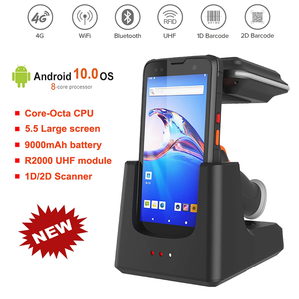 

5,5 дюймов Android 10,0 прочный КПК 2D сканер штрих-кода NFC Octa Core CPU Ручной большой диапазон UHF RFID ридер