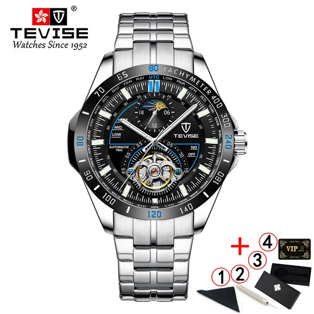 black blue box Tevise механические часы модные роскошные мужские автоматические часы мужские деловые водонепроницаемые наручные часы Montre Homme - Цвет: black blue box
