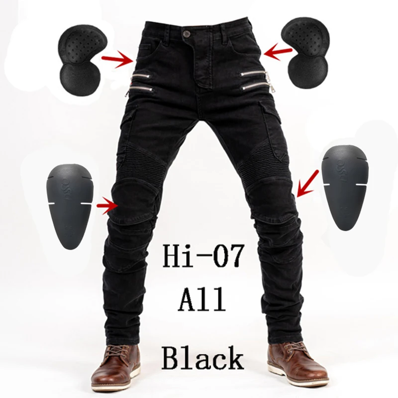 Hi-07- all Black A Мотоциклетные синие брюки мужские мото джинсы Защитное снаряжение для езды на мотоцикле мотоциклетные брюки для мотокросса с карманами на молнии мото брюки - Цвет: Hi-07- all Black A