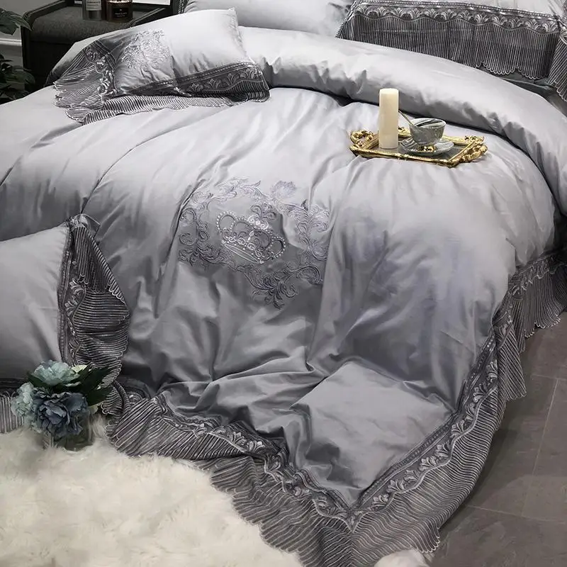 100% египетского хлопка 4 шт. с кружевными вставками и корона пододеяльник набор