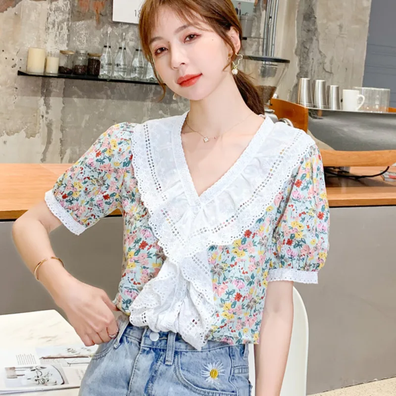

Korean Chic Sweet Floral Print Blouses Women Puff Sleeve Single Breasted Lace Ruffles Female Shirts French Vintage Blusas Mujer