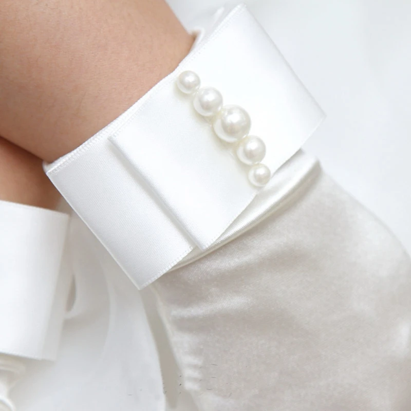 

New 1pair Gloves Womens Short Full Fingers Faux Pearl Beaded Gloves With Bow Satin