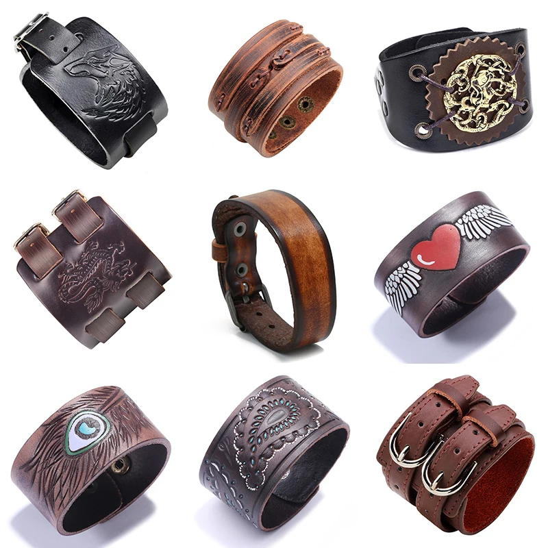 

New Black Brown Vintage Genuine Leather Bangles Wide Leather Bracelet For Women Men Bracelet Ethnic Punk Charm Jewelry
