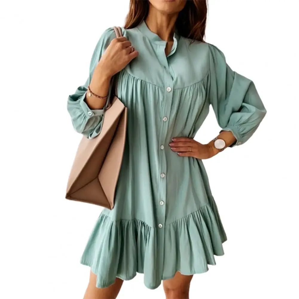 

Spring 2021 Women Dress Casual Long Sleeve Ruffle Hem Solid Color Skin-friendly Loose Ladies Buttons Placket Dresses платье