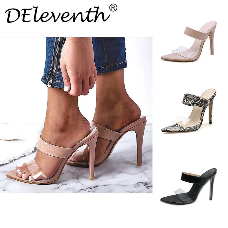 Сандалии женские прозрачные со змеиным принтом пикантные шлепанцы на тонком