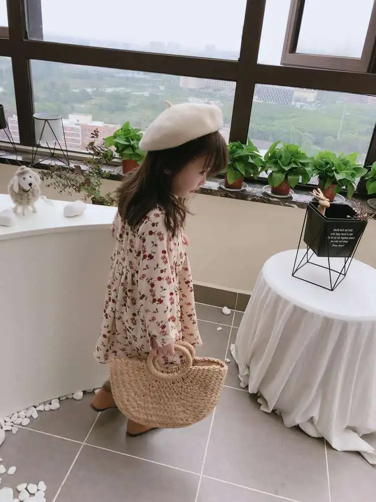 2020 spring and autumn new girl baby idyllic lace stand collar dress children rose print |